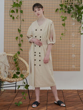 Linen Midi Dress with Double-Breasted Buttons and Slit Sleeves